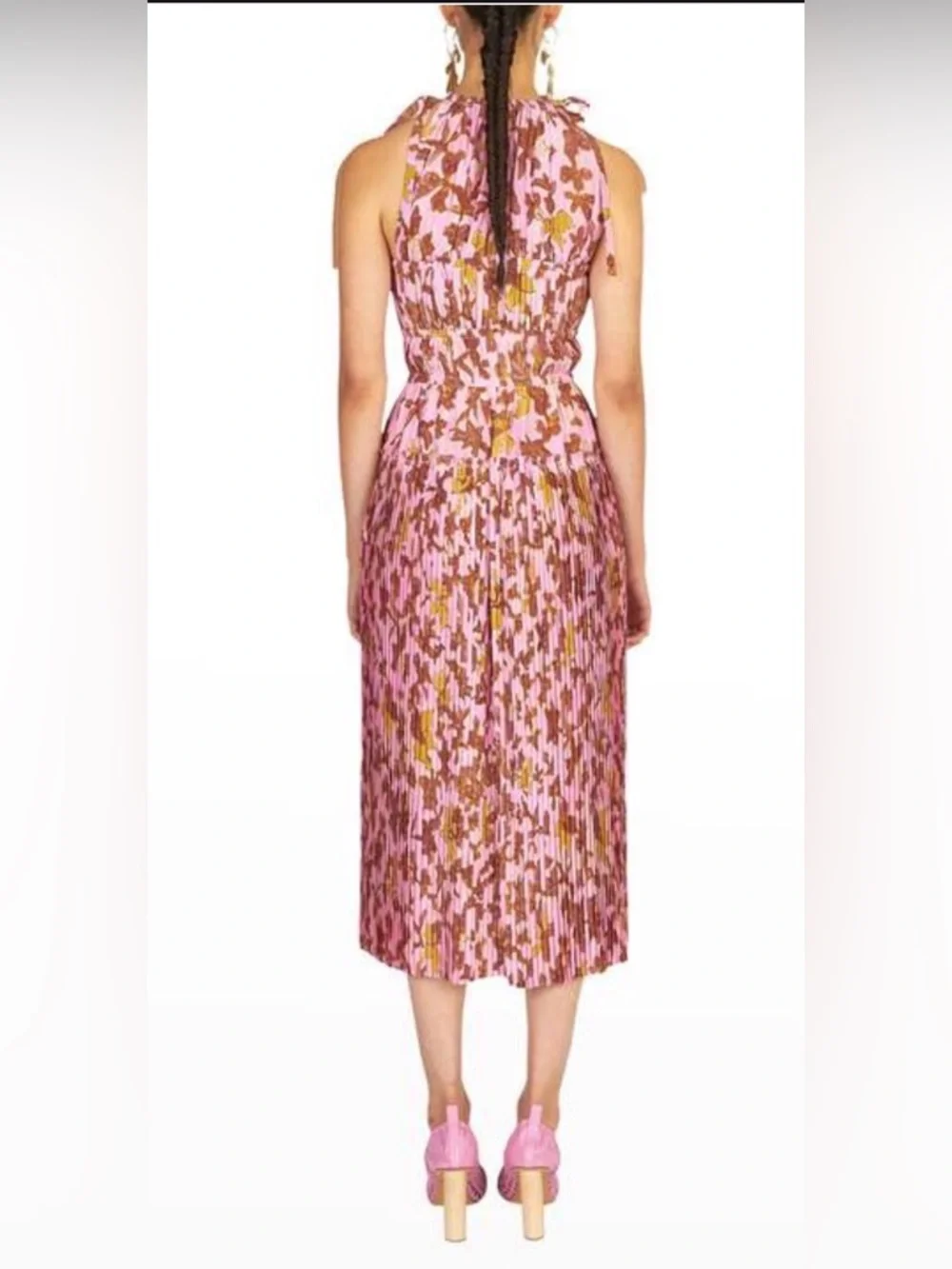 Ulla Johnson Amalthea 100% Silk Pink and Brown‎ Floral Pleated Midi Dress Size 4